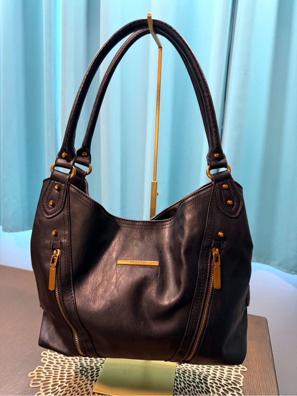 Rosetti Black Leather Hobo Shoulder Bag Gold
